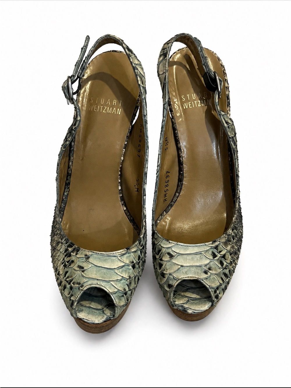 Stuart Weitzman Green Snakeskin Peep-Toe Slingback Heels